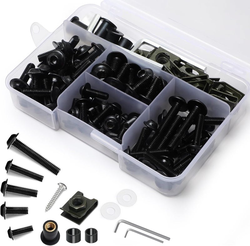 AEEAST 177Pcs Motorcycle Fairing Bolt Kit, M5 M6 Stainless Steel Windscreen Screws Fastener Clips Universal Fit for Sportbike Kawasaki Suzuki Honda Yamaha BMW Ducati GSXR Motorcycle(Black) - Image 1